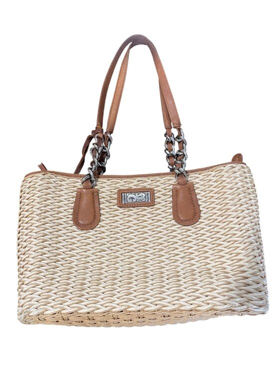 Brighton Handbags - Brighton Straw & Leather Shoulder Bag Tote Woven Chic Tan Brown 12x8